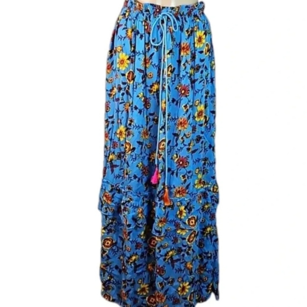 Blue Floral Boho Ruffle Maxi Skirt L